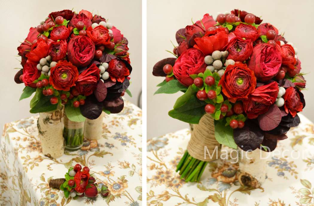 Букет из красных ранункулюсов, садовой розы, ягод гиперикума и брунии - фото 1626653 Дизайн-студия Magic decor