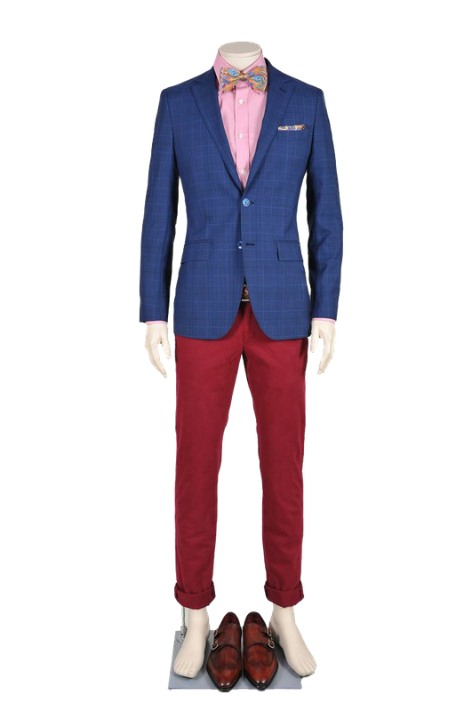 Синий пиджак с красными зауженными брюками, клетчатой розовой рубашкой, бежево-голубым галстуком-бабочка, розовым платком в - фото 976897 Компания Indposhiv - мастерская мужских костюмов