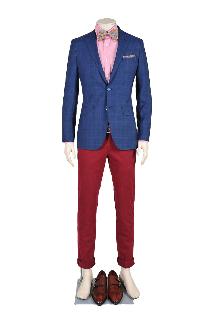Синий пиджак с красными зауженными брюками, клетчатой розовой рубашкой, бежево-голубым галстуком-бабочка, розовым платком в - фото 976897 Компания Indposhiv - мастерская мужских костюмов