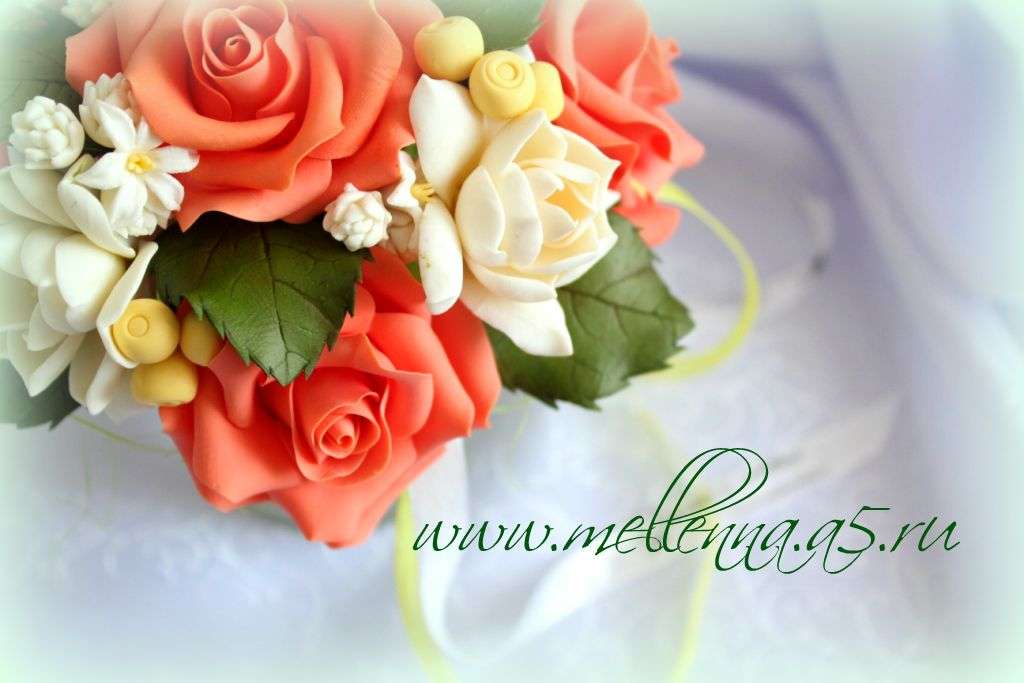 РУЧНАЯ РАБОТА. Свадебный букет "Оранжевое лето" состоит из ярко-оранжевых роз, белой туберозы  и бело-желтых ягод - фото 2850299 Mellenna - цветы из полимерной глины