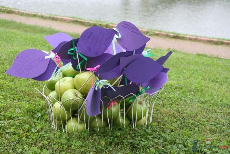 Корзина с зелеными яблоками и пожеланиями, в виде сиреневых бумажных листков, привязанных к яблокам розовыми и зелеными - фото 45031 Хлоя