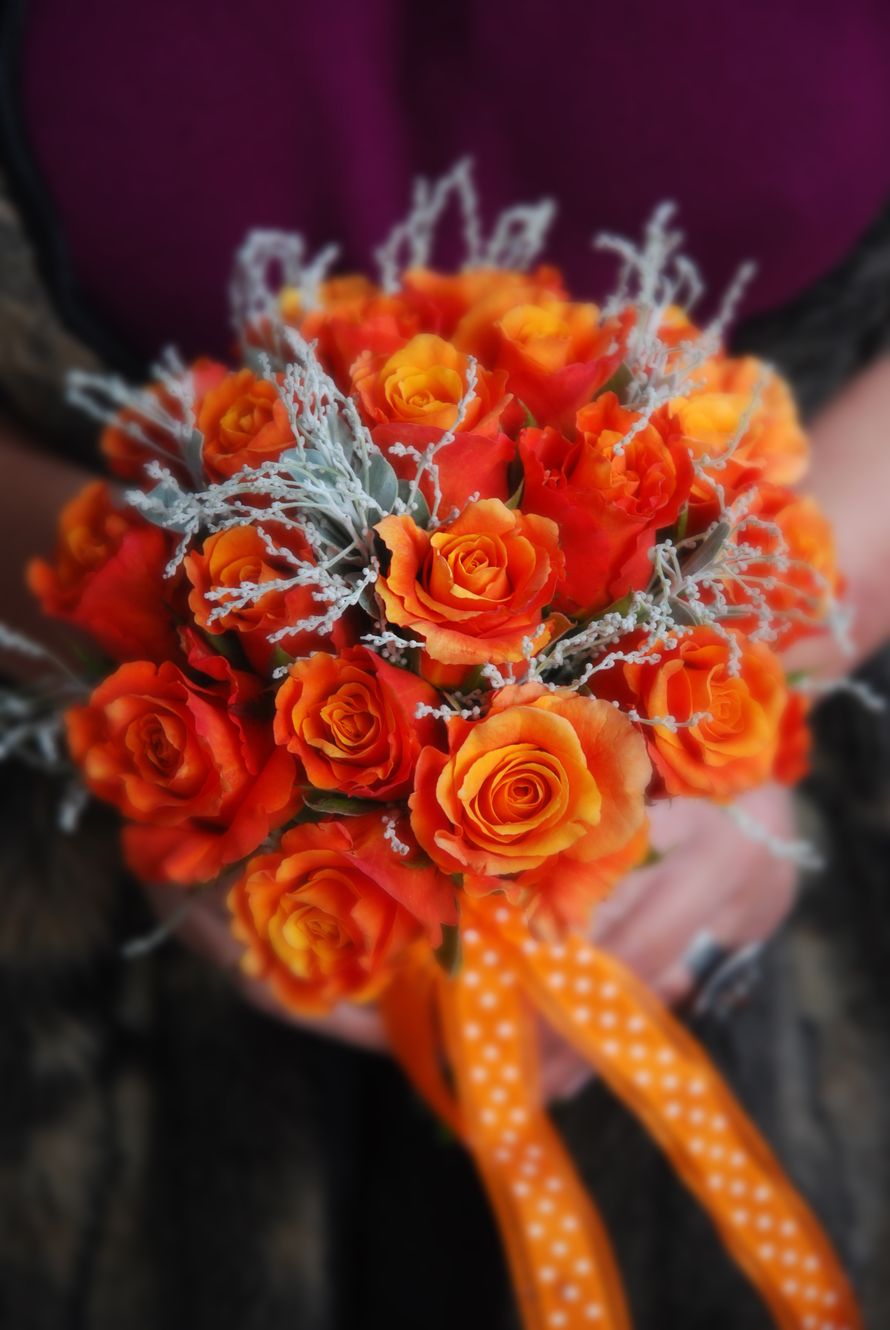 Букет невесты из оранжевых роз, декорированный оранжевой лентой в белый мелкий горох  - фото 1448633 Polina Mikhailova - флористика и оформление свадеб