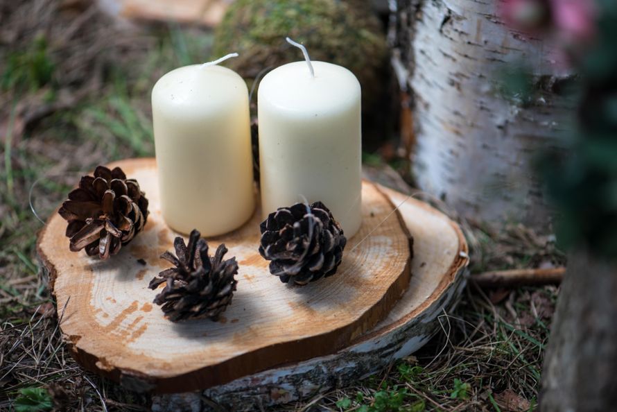 Белые свечи, сосновые шишки на деревянных спилах, элемент декора свадьбы в стиле рустик - фото 2321294 Студия флористики и декора "BloomLoveDecor"