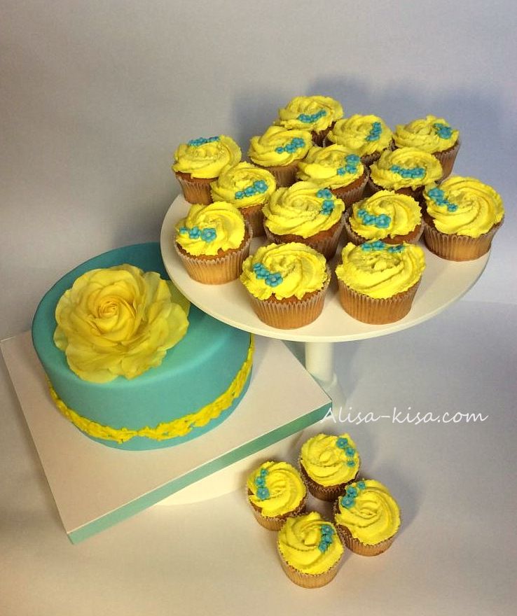 свадебный торт с розой и капкейки на бирюзово-желтую свадьбу - фото 2739367 Alisa-Kisa создание тортов