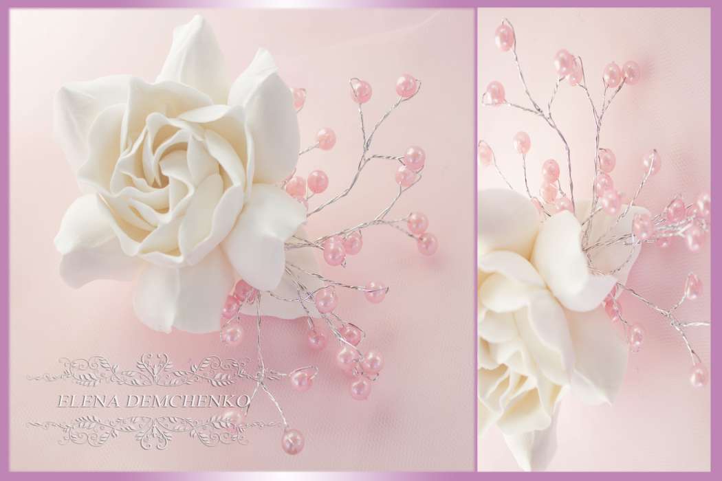 Белая роза из полимерной глины с веточками с розовыми жемчужинами - фото 2958639 Цветы из полимерной глины от Елены Демченко