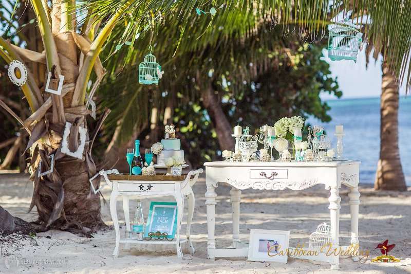 На пляже стоит два белых столика, на них стоят вазы с цветами, подсвечники, фужеры и торт, шампанское и фонарь на пальме - фото 3138293 Caribbean Wedding - свадьба в Доминикане