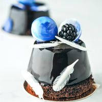 Мусовый десерт в глясаже украшенный шоколадными полусферами и пёрышками из белого шоколада ,и маленький освежающий акцент в виде ягоды ежевики.