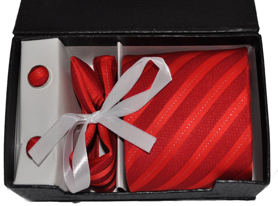 Комплект: галстук, запонки, платок красный в полоску